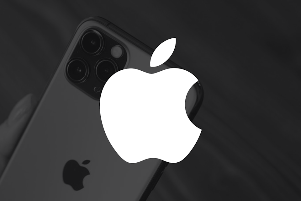 Apple logo over picture of iPhone.