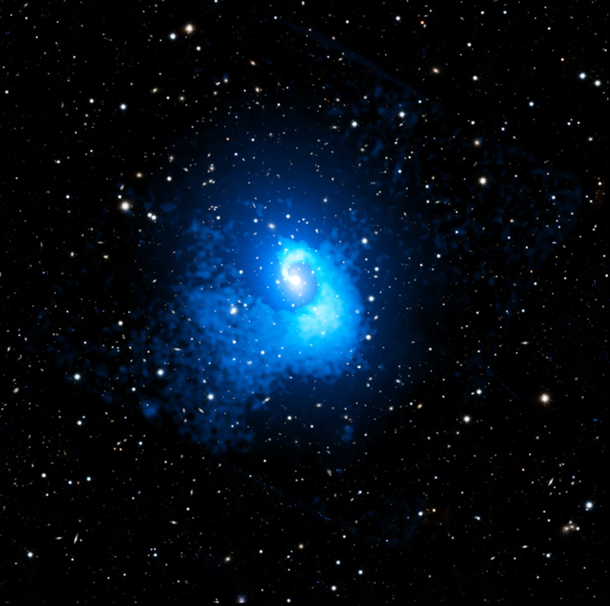 On a dark background, galaxies are shown as fuzzy white dots.
	  A bright blue spiral expands from the center.
	  Clicking on the picture will download the highest resolution
	  version available.