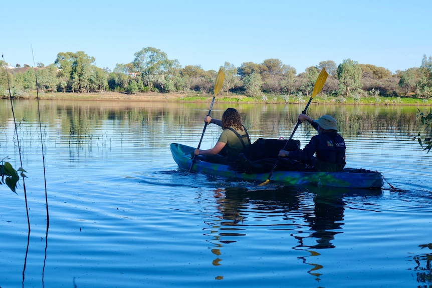 two people in a kayak paddling on a lake with yellow paddles
