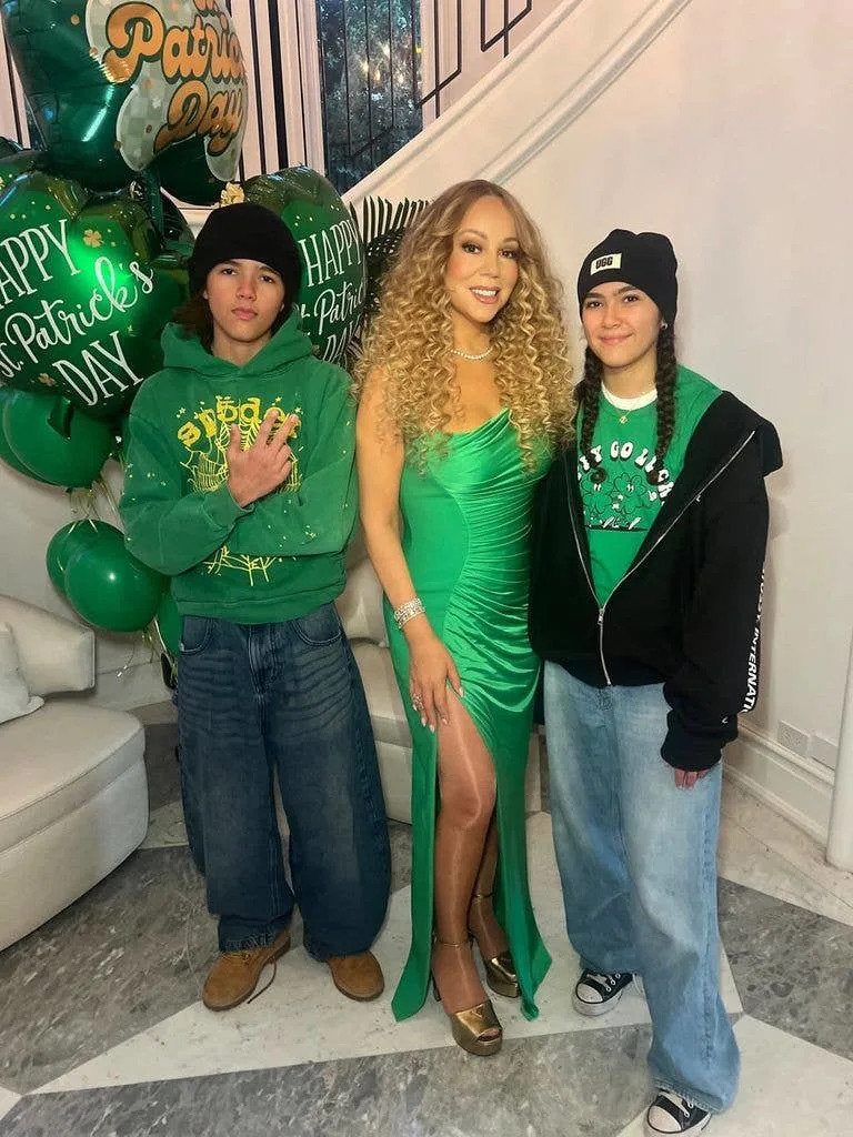Photo shared by Mariah Carey March 2026 celebrating St. Patrick's Day featuring her twin teens Moroccan and Monroe Cannon.