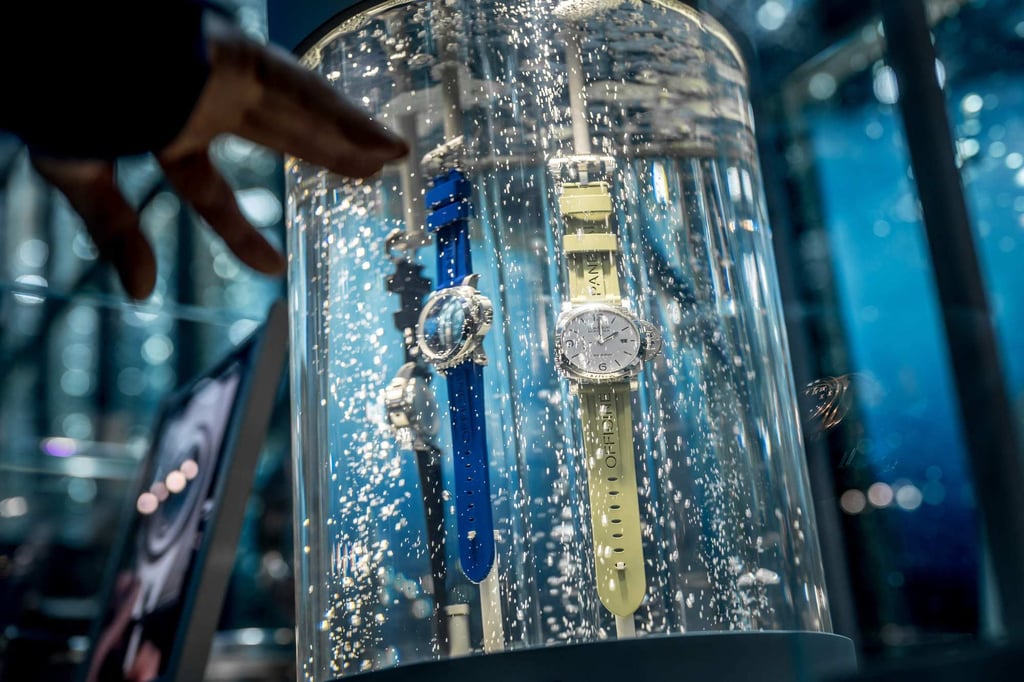 The Luminor Marina waterproof model watches displayed in an aquarium at the booth of Italian luxury watch manufacturer Panerai, owned by Richemont group, during the opening day of the Watches and Wonders Geneva on April 14. Photo: AFP