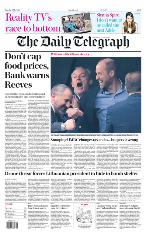 "Don't cap food prices, Bank warns Reeves," reads the headline on the front page of the Daily Telegraph.