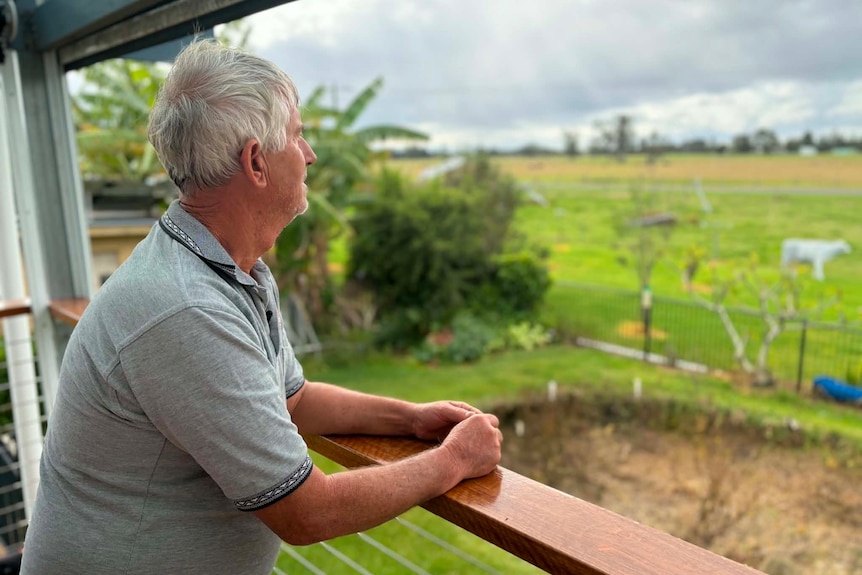 A man leans on a balcony railing and looks out over a green paddock.