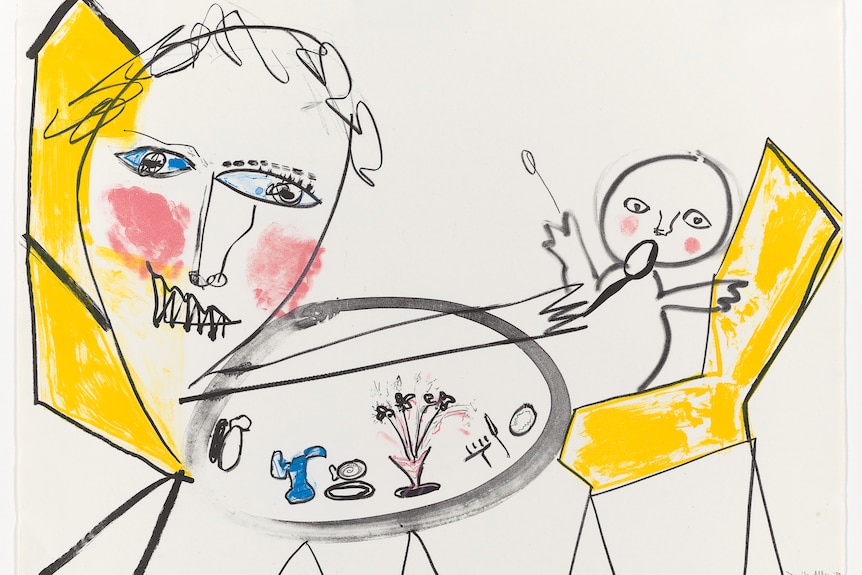 An abstract picture of a mother feeding an infant at a table.