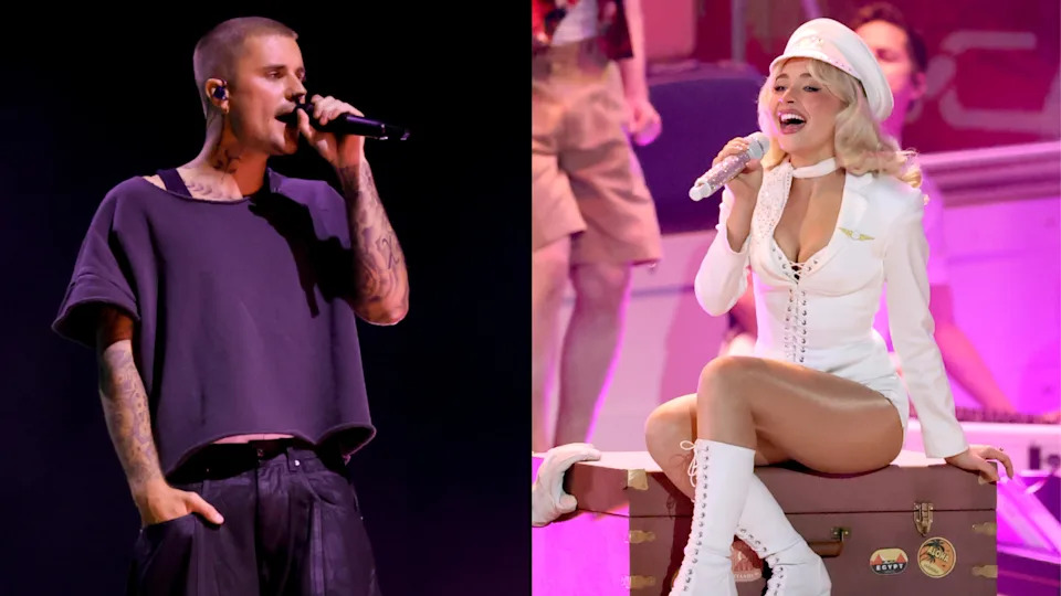 Split images. Left: Justin Bieber singing on stage. Right: Sabrina Carpenter in a white outfit performing.