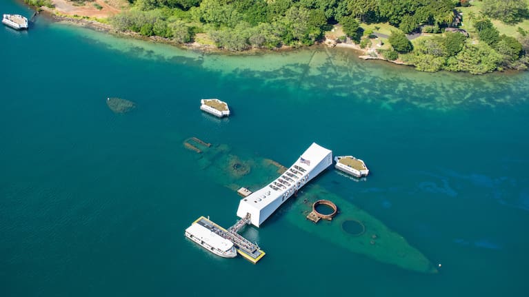 Aerial view of the USS Arizona war memorial at Pearl Harbor in Honolulu on Oahu, Hawaii. 