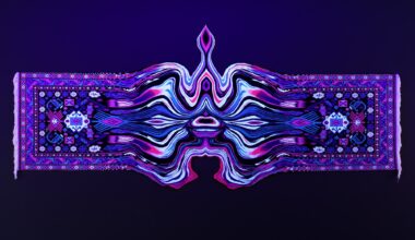a handmade wool carpet illuminated by a black light on a wall with a symmetrical, undulating, psychedelic form in the middle