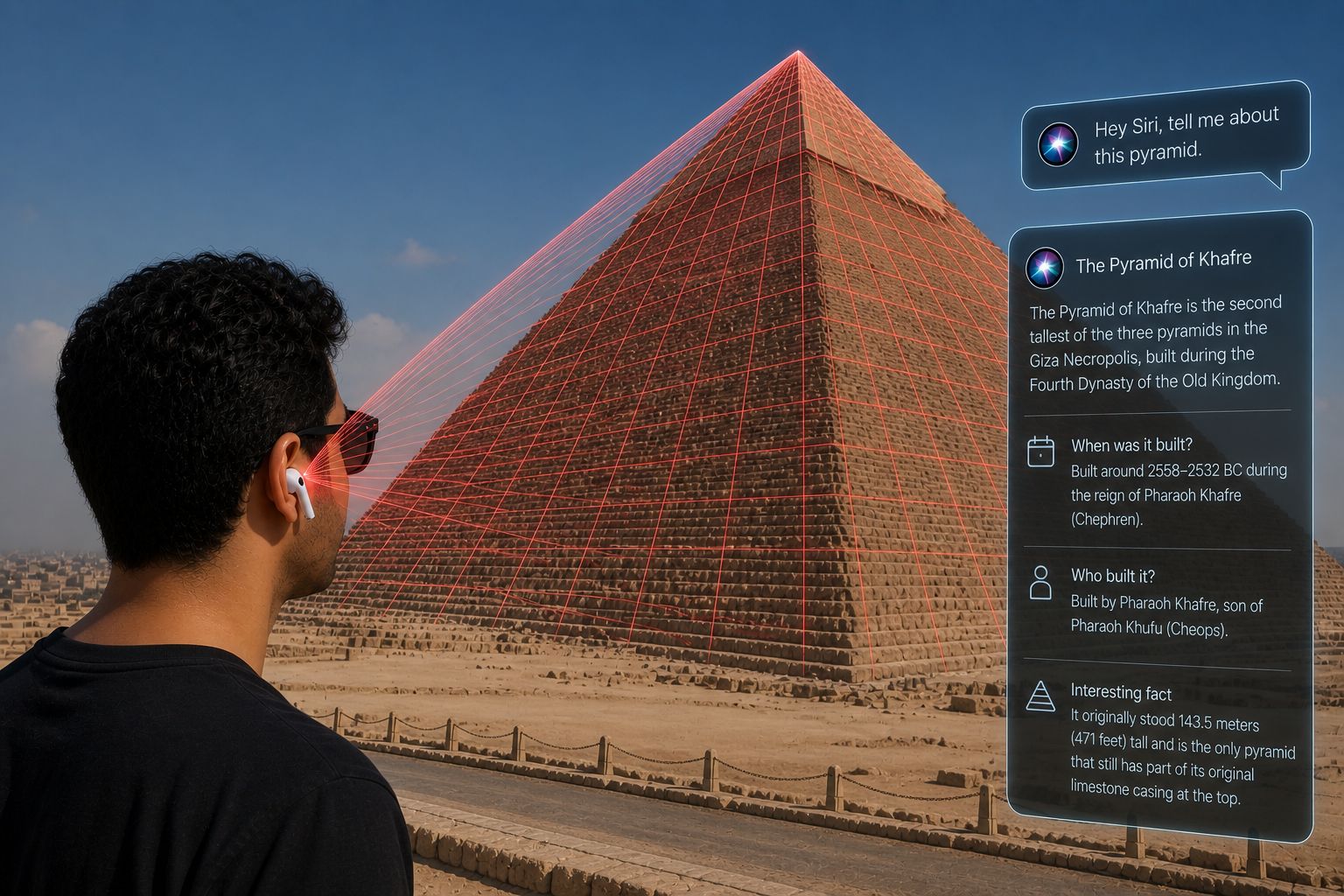 From the Phonegram website: A person using smart glasses and AirPods Ultra to access digital information about the Pyramid of Khafre, with a red grid and virtual text appearing in front of the pyramid.
