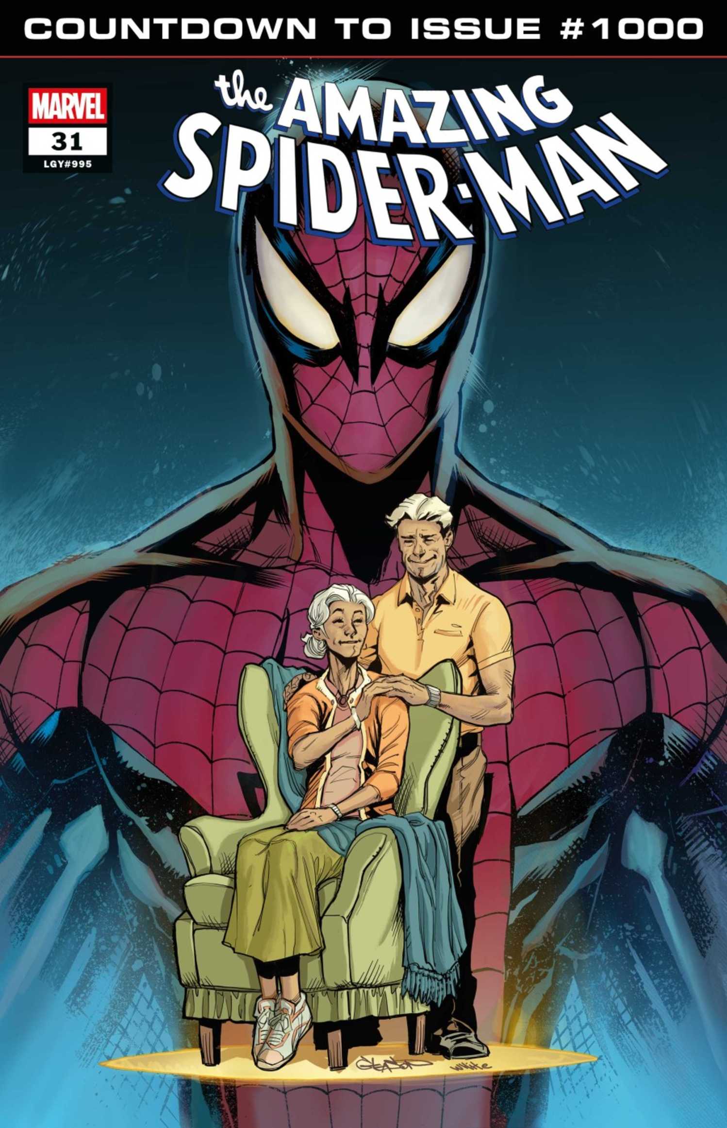 Amazing Spider-Man #31 cover, with Aunt May and Uncle Ben against a Spider-Man backdrop