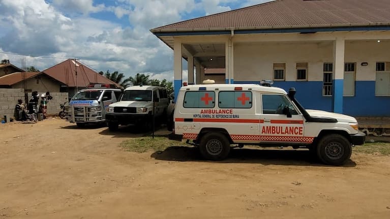 Ambulances are parked outside a hospital in Bunia, Congo.