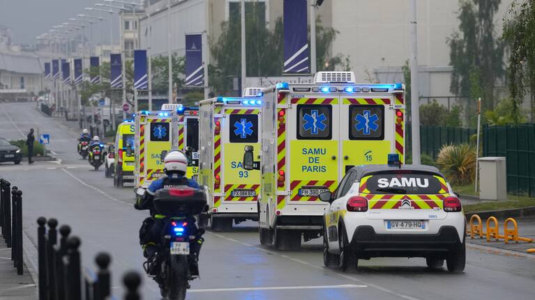 Ambulances carrying patients evacuated from the MV Hondius cruise ship with suspected hantavirus infection, leave the Bourget airport, north of Paris, Sunday, May 10, 2026.