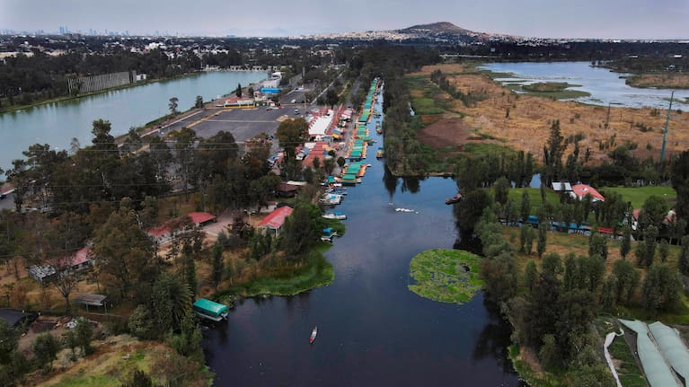 An aerial view of the Xochimilcol canals in Mexico City
