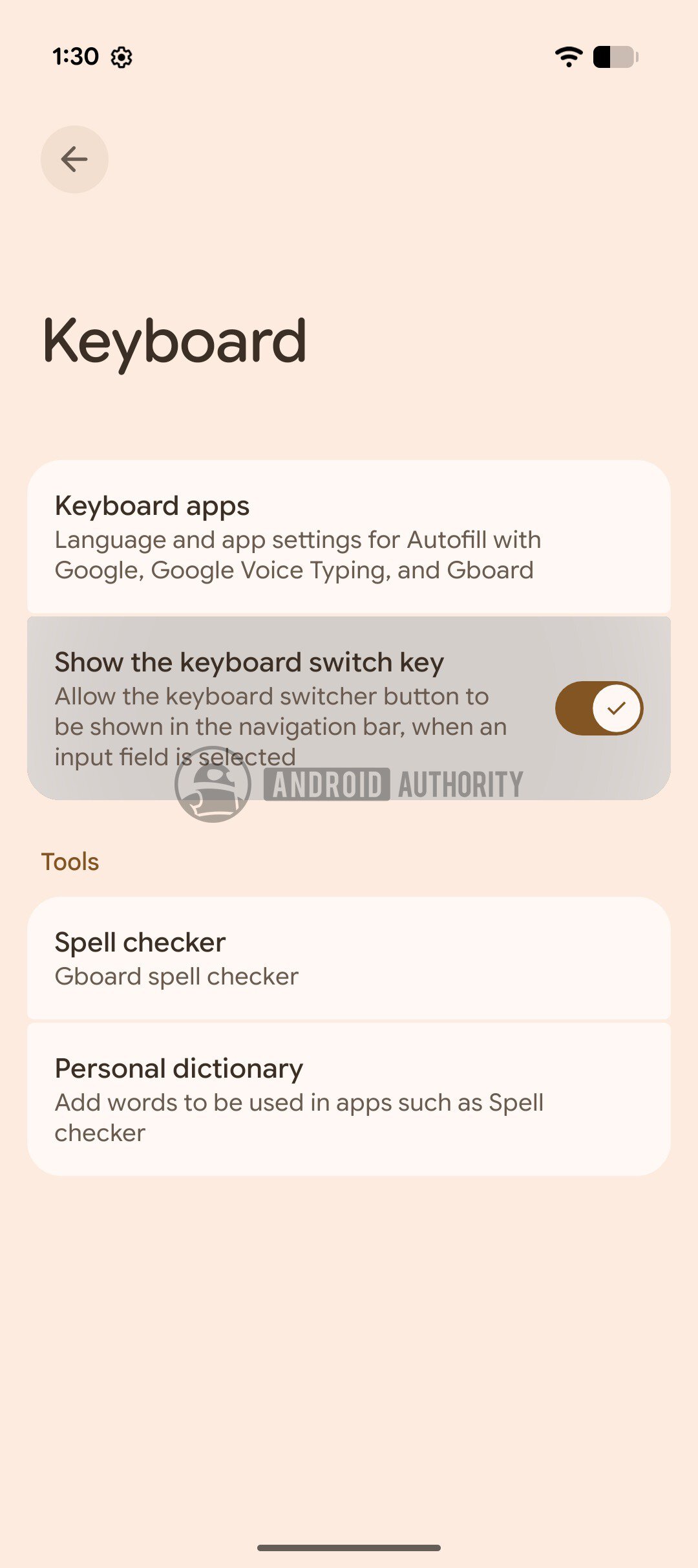android 17 qpr 1 beta 3 keyboard switcher icon hide option image watermarked
