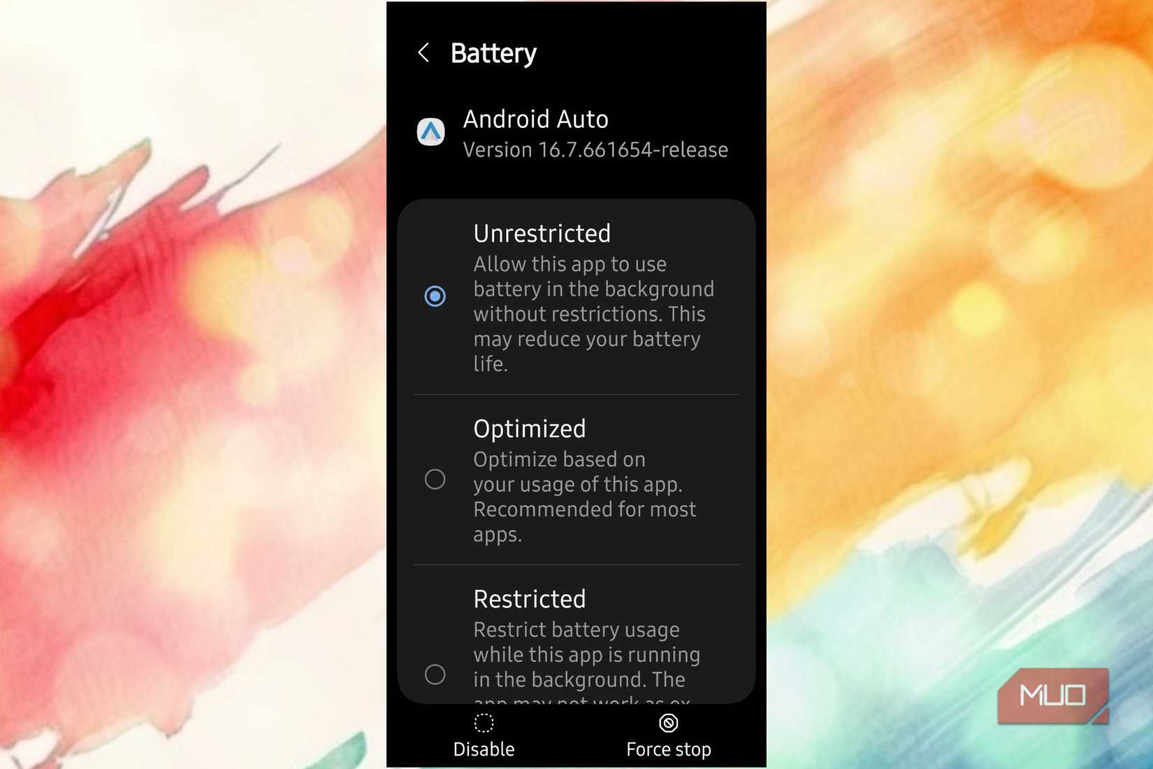 Android Auto running with an unrestricted battery