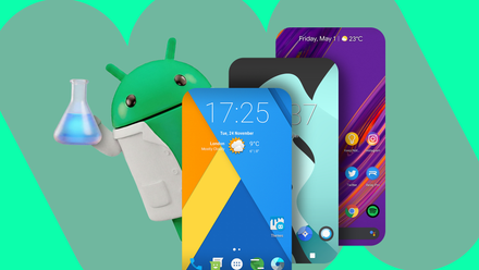 Android mascot dressed as a scientist holding a flask, standing next to three smartphone screens displaying various custom ROM interfaces.