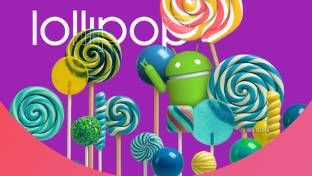 Android mascot surrounded by colorful spiral lollipops, with the word 'lollipop' in playful text on a purple background.