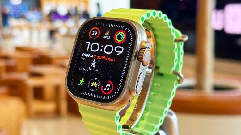 A green Apple Watch Ultra 3 displayed at a store in Bangkok, Thailand.