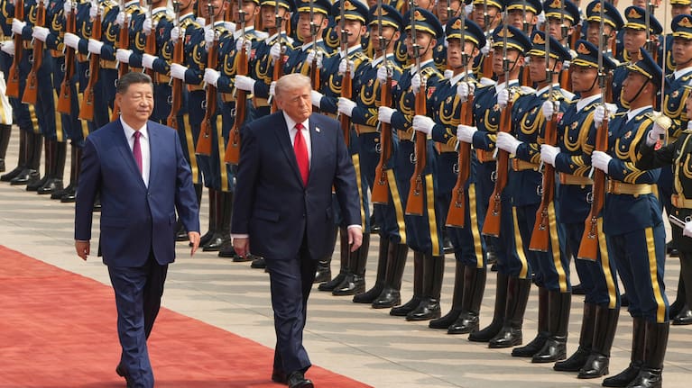President Donald Trump participates in a welcome ceremony with China's President Xi Jinping.