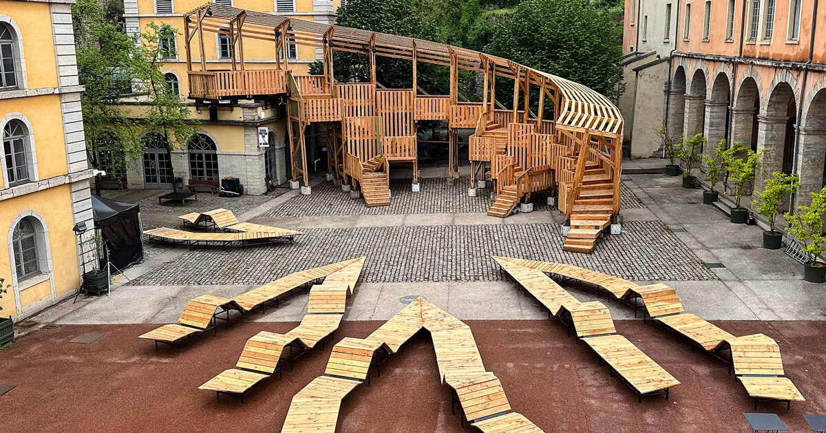 uv lab reimagines arcadia as a layered timber agora in lyon