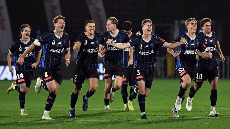 Auckland FC players celebrate winning the match, Auckland FC v Melbourne City, A-League Elimination Final match at Go Media Stadium, Auckland, New Zealand on Saturday 2 May 2026.