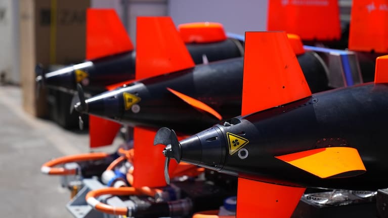Autonomous vehicles with sonar sensor that can detect and identify mines are soon on RFA Lyme Bay, in territory of Gibraltar, on Friday, May 22, 2026.