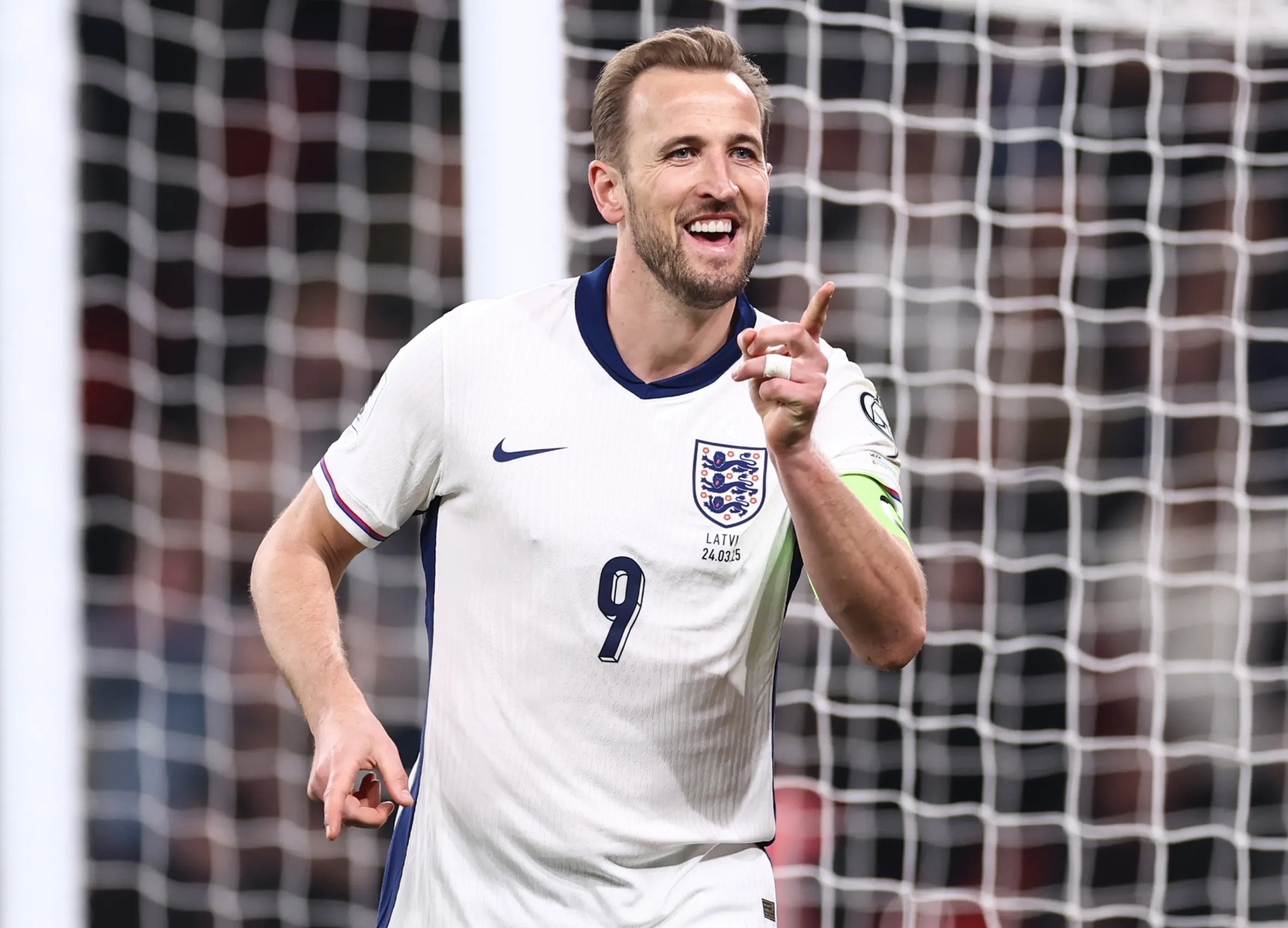 Harry Kane of England celebrates a goal.