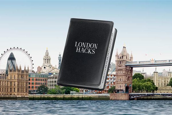 Guidebook titled 'London Hacks' with notable London landmarks. Guidebook titled 'London Hacks' with notable London landmarks.