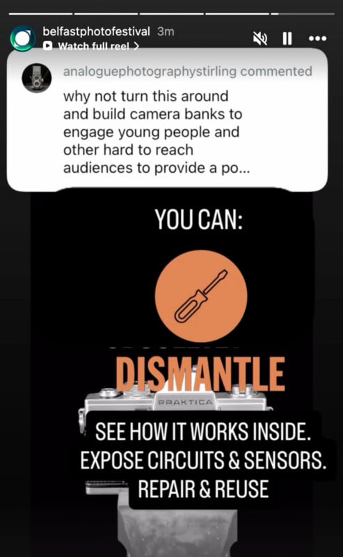 A graphic encouraging the dismantling of cameras to see how they work. Text says: "You can: Dismantle. See how it works inside. Expose circuits & sensors. Repair & reuse." An icon of a screwdriver and a camera are shown.