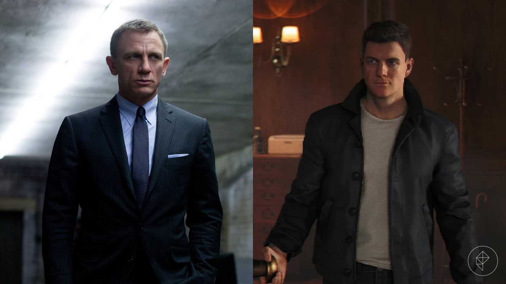 The left half of the image shows James Bond (Daniel Craig) in No Time To Die while the right half of the image shows James Bond (Patrick Gibson) in 007 First Light.