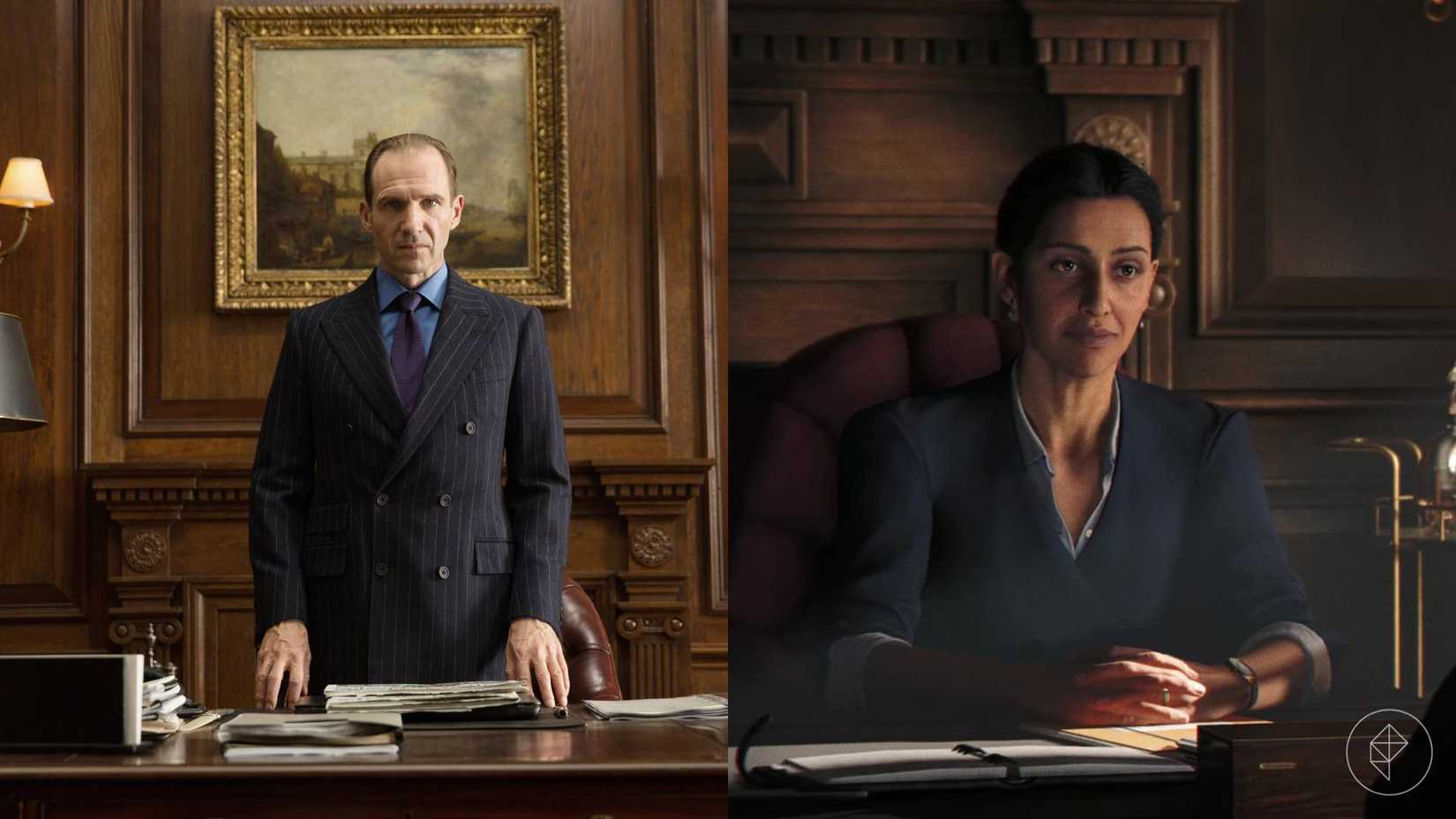 The left half of the image shows M (Ralph Fiennes) in No Time To Die while the right half of the image shows M (Priyanga Burford) in 007 First Light.