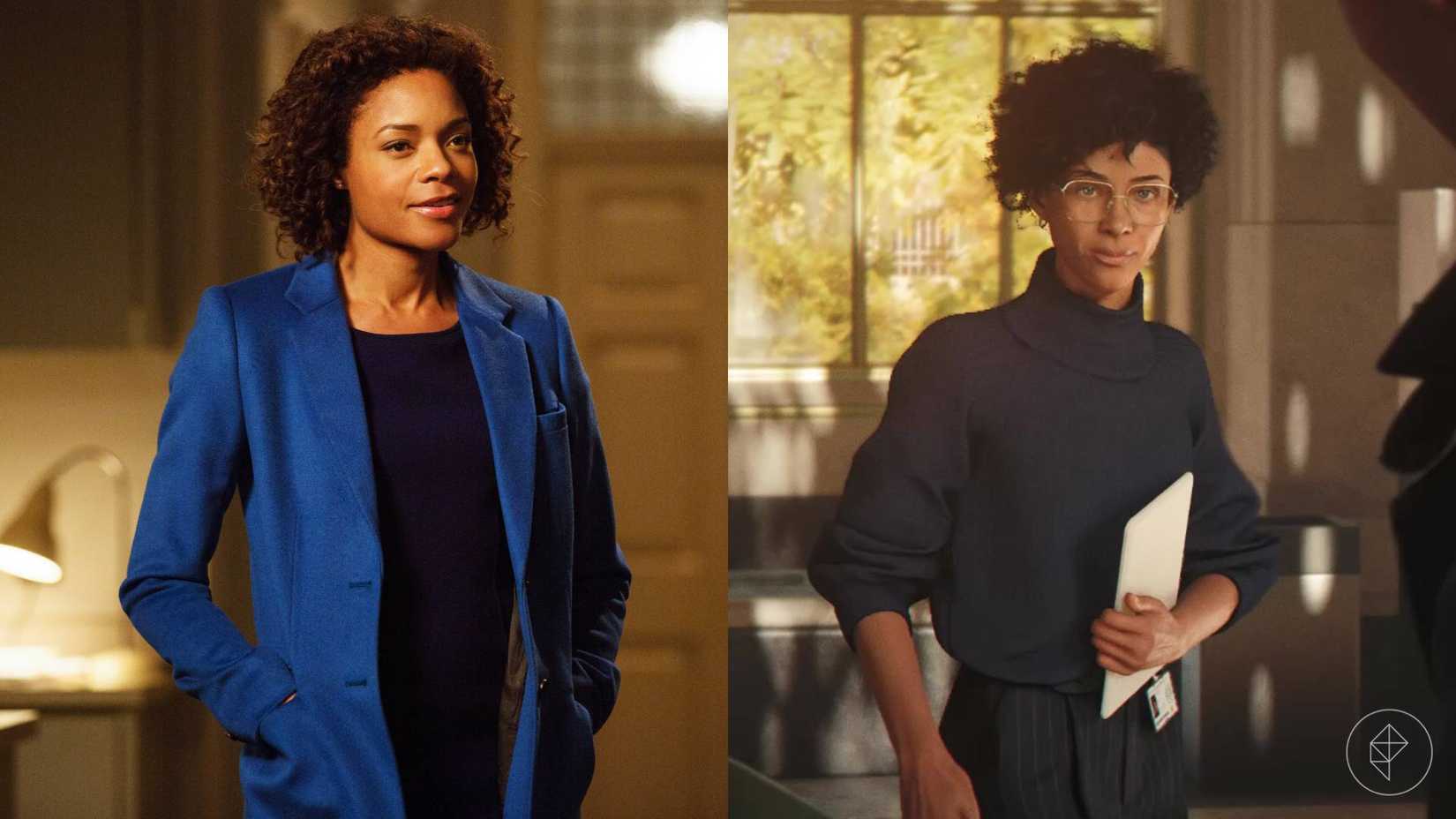 The left half of the image shows Moneypenny (Naomie Harris) in Spectre while the right half of the image shows Moneypenny (Kiera Lester) in 007 First Light.