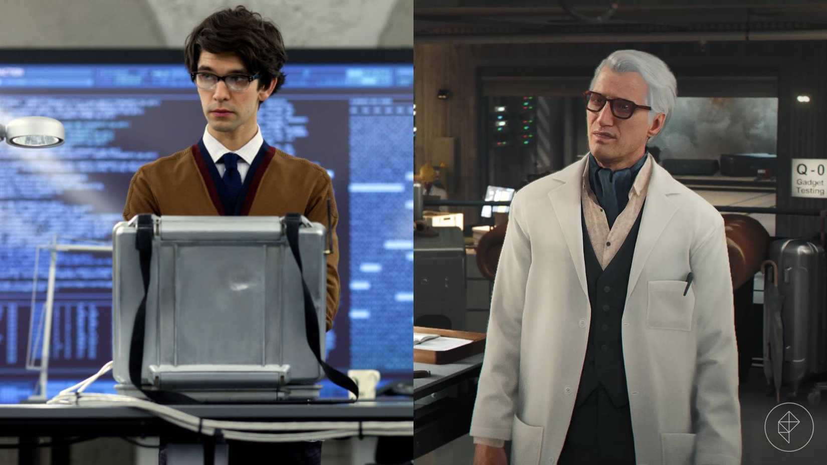 The left half of the image shows Q (Ben Whishaw) in Skyfall while the right half of the image shows Q (Alastair Mackenzie) in 007 First Light.