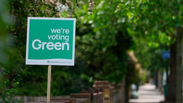 A Green Party political sign put up by the householder to show support ahead of local council elections in London, Wednesday, May 6, 2026