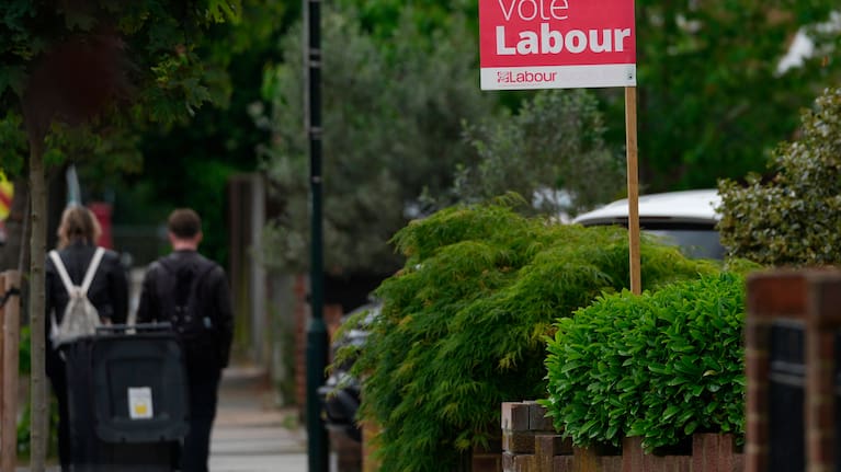 A Labour Party political sign put up by the householder to show support ahead of local council elections in London, Wednesday, May 6, 2026