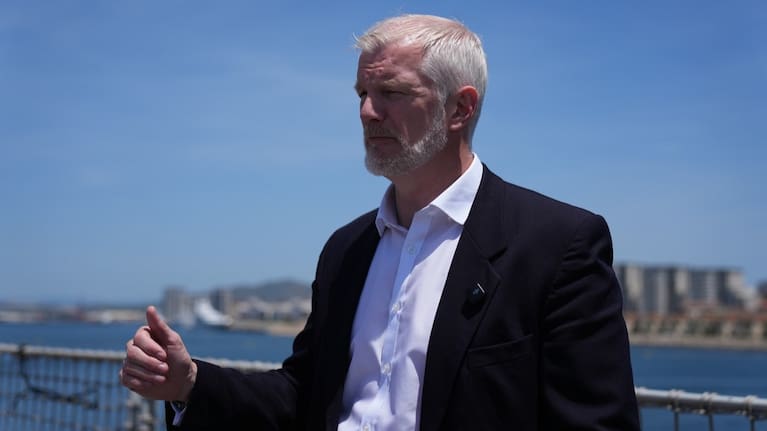 Britain's Armed Forces Minister Al Carns speaks during an interview on RFA Lyme Bay, in territory of Gibraltar, on Friday, May 22, 2026.