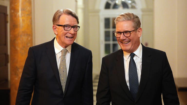 British Prime Minister Keir Starmer, right, talks with Britain's ambassador to the United States Peter Mandelson in 2025.