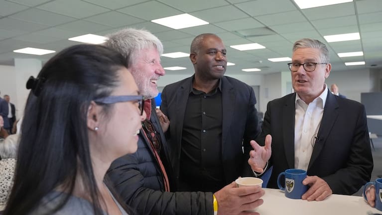 British Prime Minister Sir Keir Starmer and Foreign Secretary David Lammy meeting Labour Party members during a visit to AFC Wimbledon in south London, Saturday May 9, 2026.