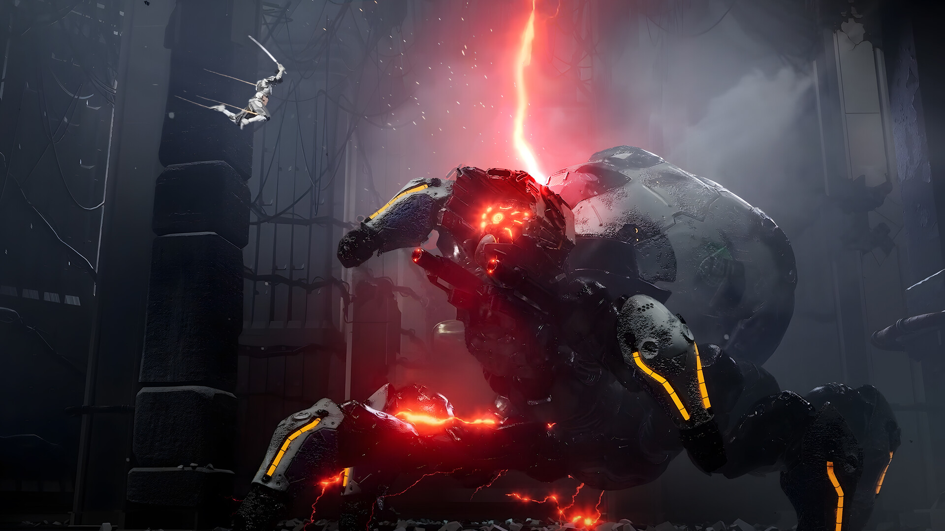 Screenshot from the sci-fi game SOL Shogunate, showing a large, menacing robot with glowing red eyes and highlights crouching in a dark, industrial setting.