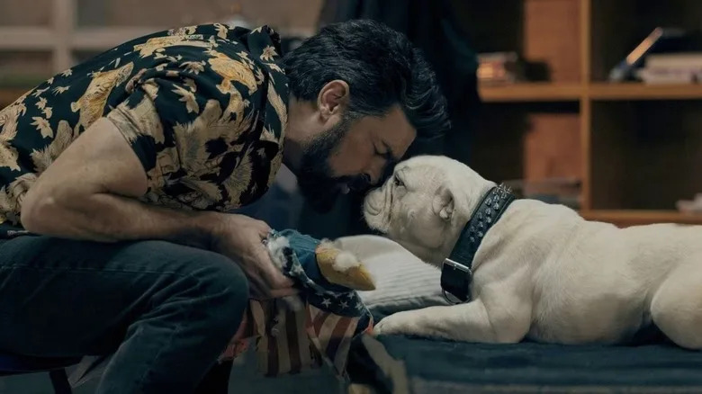 Billy Butcher (Karl Urban) rubbing noses with Terror on "The Boys."