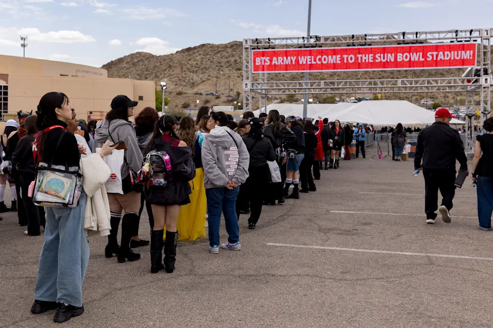 BTS fans wait in the VIP line outside the Sun Bowl in El Paso, Texas, on Saturday, May 2, 2026, before the first concert.