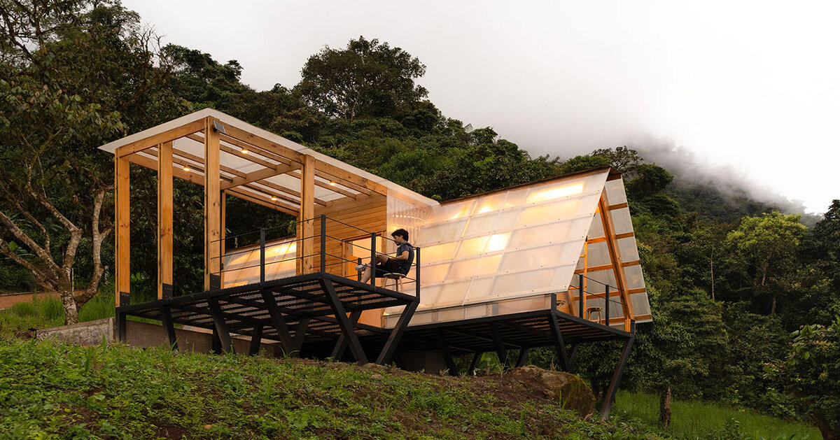 translucent skin envelopes triangular shelter elevated on stilts in ecuador