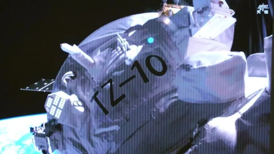 A photo of the Tianzhou-1o spacecraft docked with the Tiangong space station in low Earth orbit