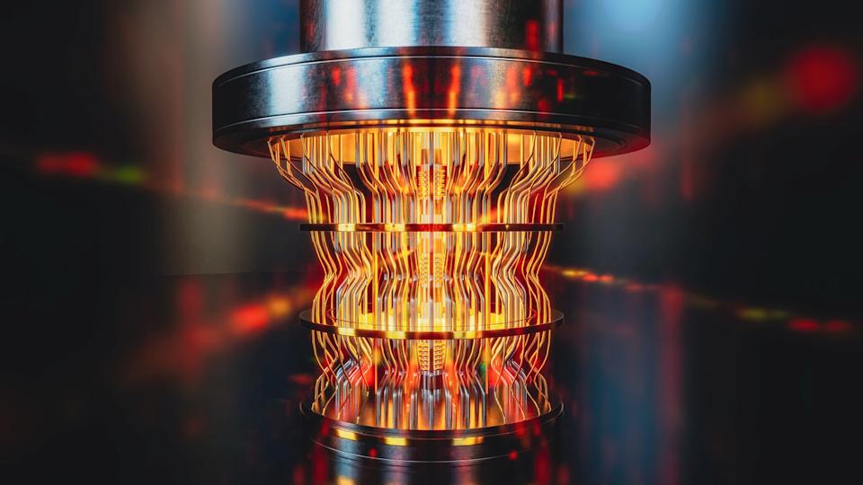 A light pings through a quantum-computer looking piece of hardware.