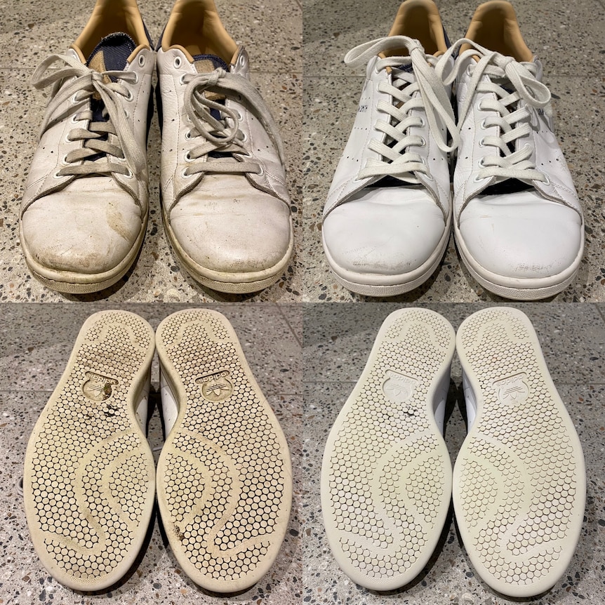 A before and after of shoes that are dirty and then clean