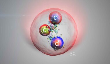 Visualization of particle collision tracks used to identify the Xi-cc-plus baryon in a high-energy physics detector