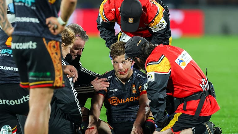 Chiefs' Damian McKenzie picks up an injury during the Chiefs vs Highlanders, Super Rugby Pacific match at FMG Stadium, Hamilton, New Zealand on Friday 15 May 2026. 