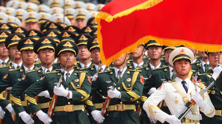 Chinese People's Liberation Army (PLA) honour guards march on the day of the welcome ceremony for US President Donald Trump by Chinese President Xi Jinping at the Great Hall of the People in Beijing, Thursday, May 14, 2026.