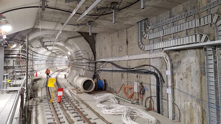 City Rail Link tunnels viewed from the platform at Te Waihorotiu Station, August 2024.