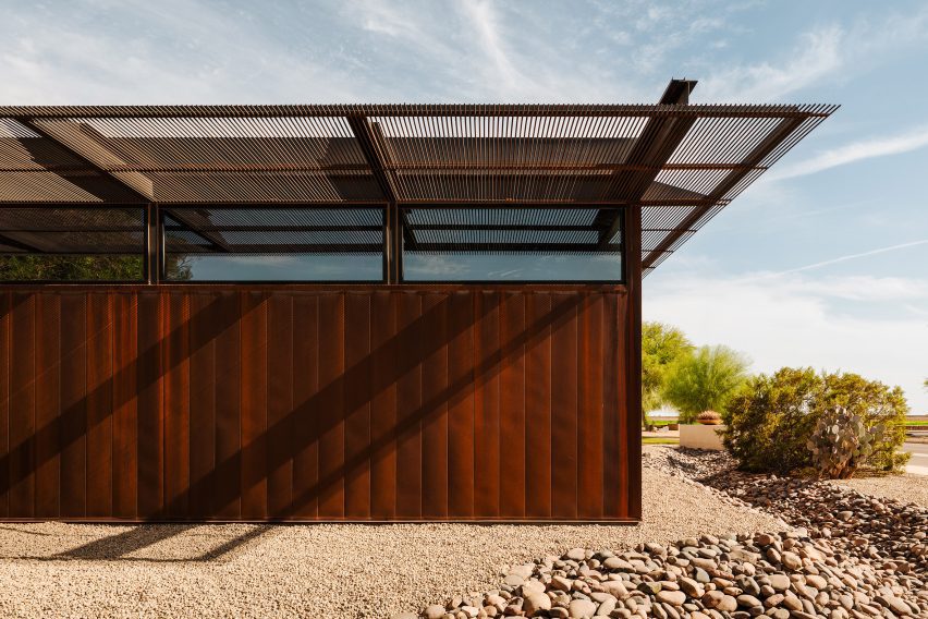 The standalone extension to the Cocopah Museum and Cultural Center, wrapped in panels of weathering steel