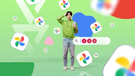 Confused man holding a phone surrounded by Google Photos icons and a search bar with error alerts.